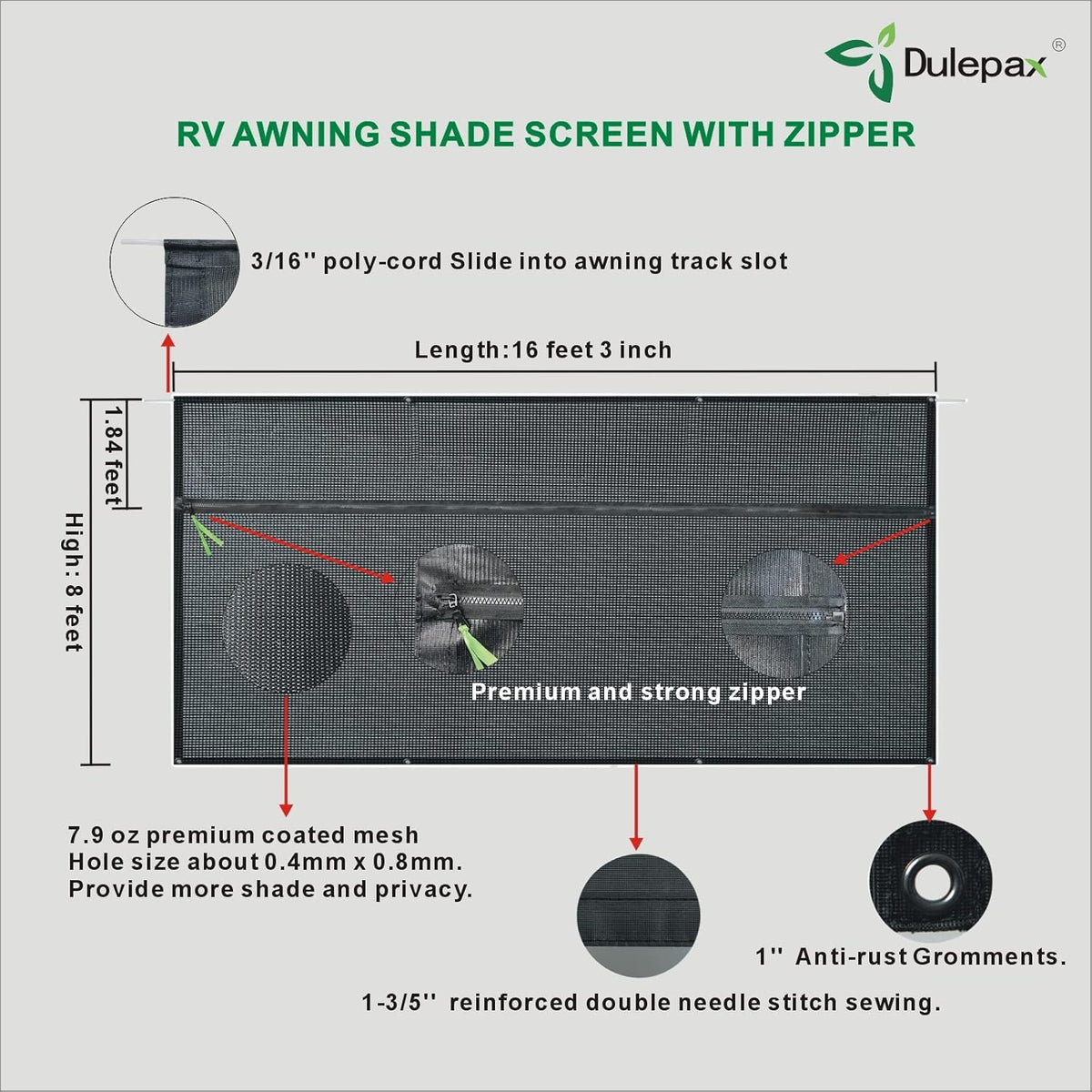 RV Awning Shade Screen with Zipper 8'X20'3'' Q944
