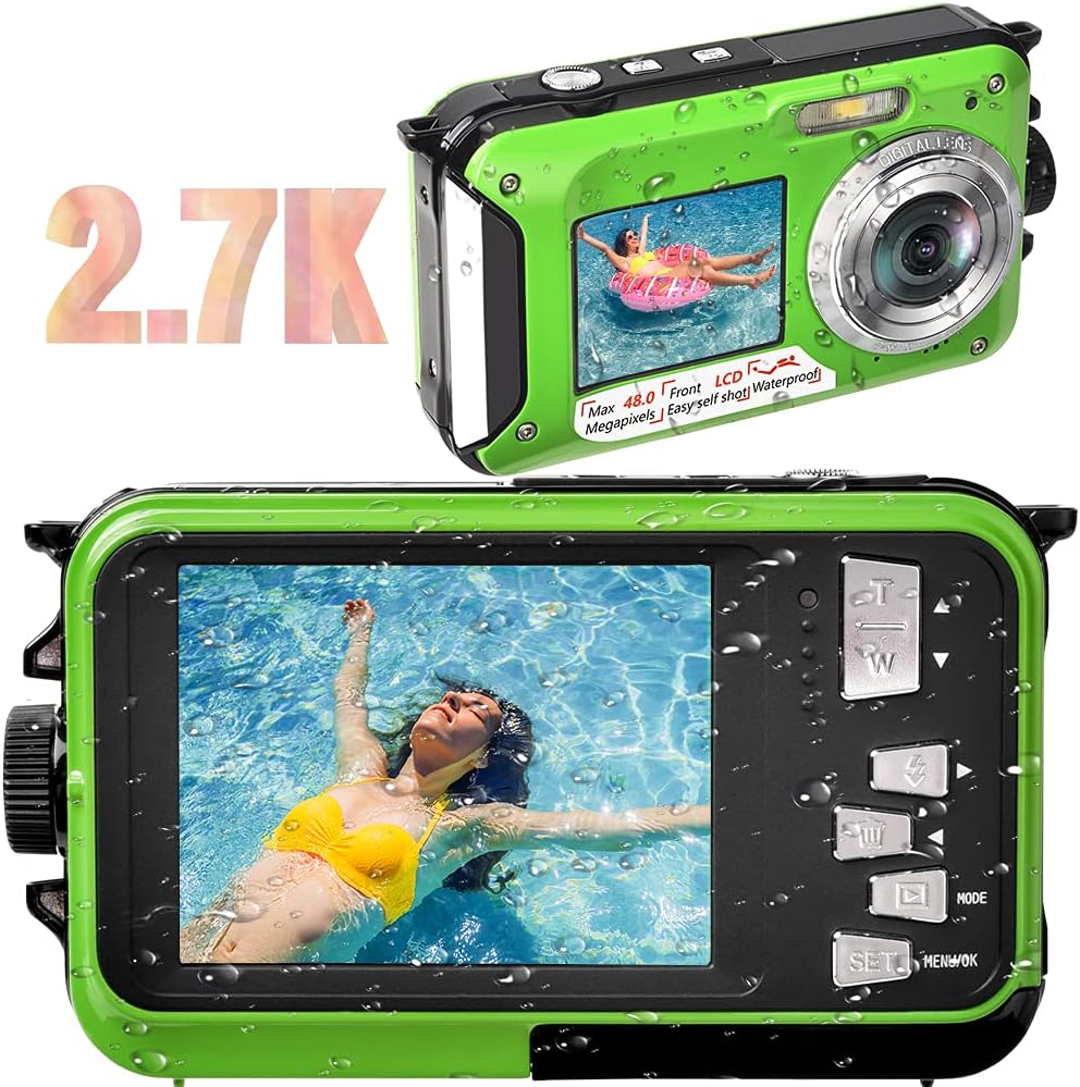 Green 48MP Waterproof Digital Camera 2.7K Video Dual Screen 16X Digital Zoom Flashlight 10 Feet Waterproof Pack of 2 M5723