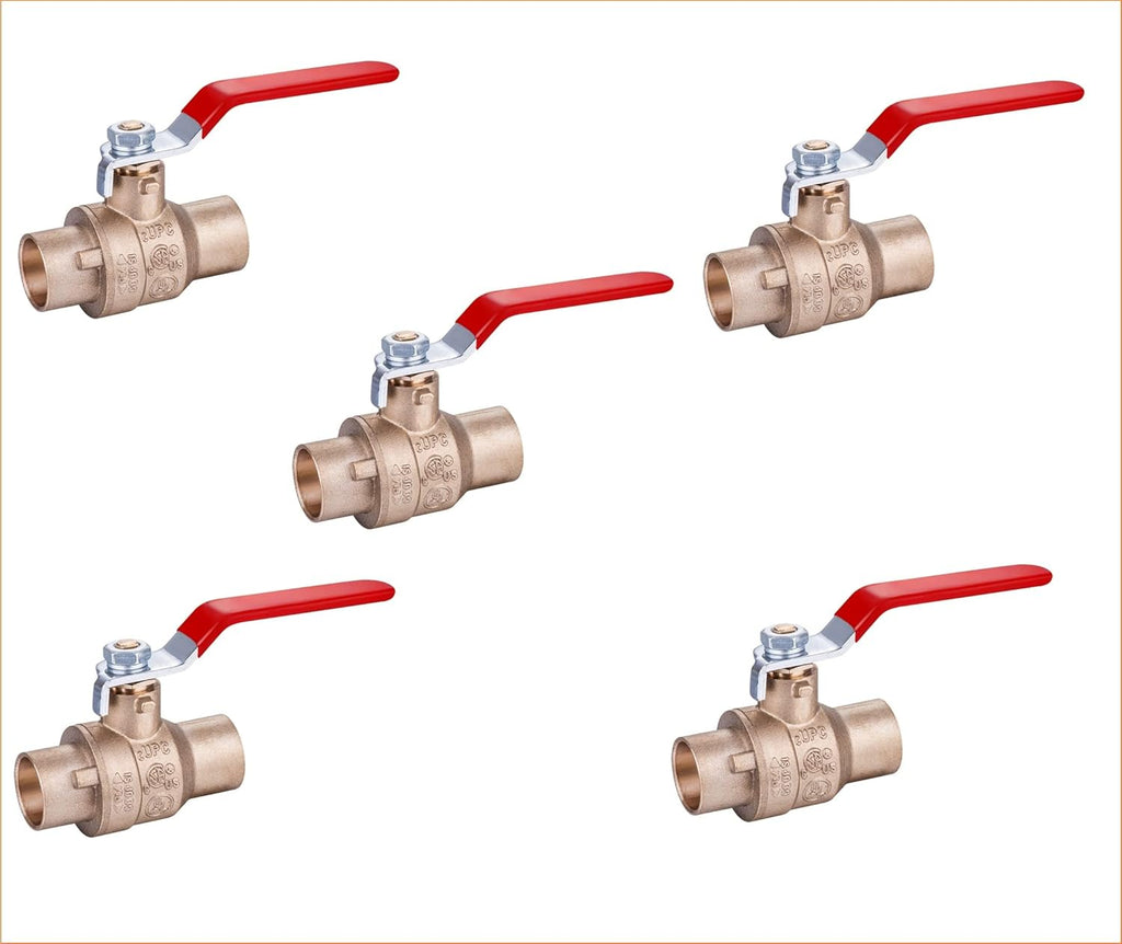 1/2" Sweat Solder Brass Full Port Ball Valve Lead Free Red Handle (5-Pack) B657