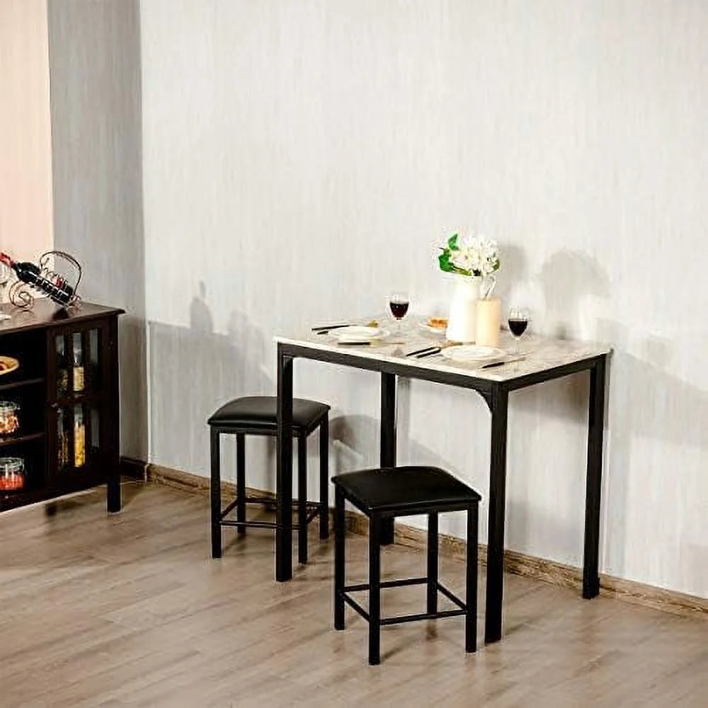 Black 3 Pieces Dining Table Set with Faux Marble Tabletop and PU Leather Stools C9628