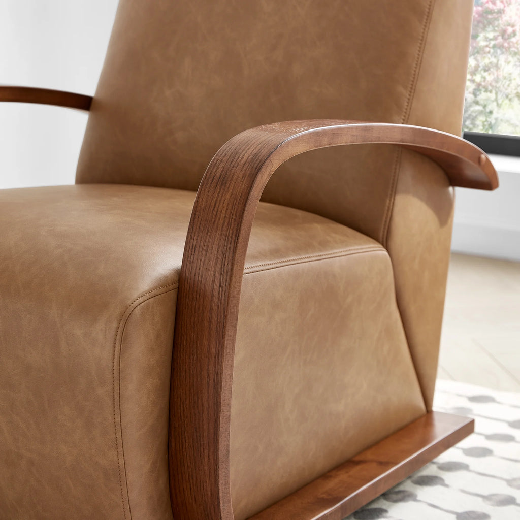 Cognac Brown & Walnut Swivel Accent Chair with U-shaped Wood Arm K65897