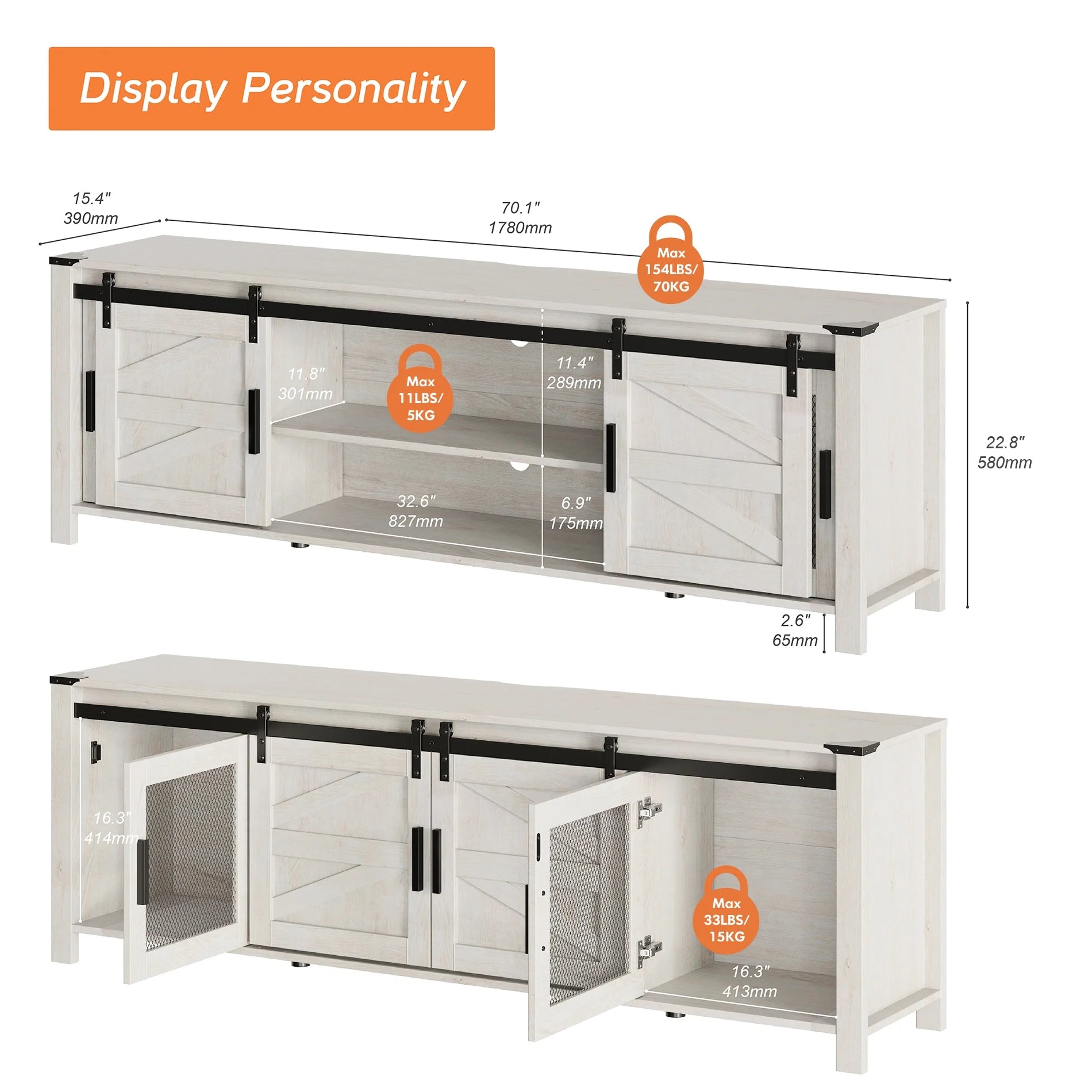 White Wood Entertainment Center for TV with Sliding Barn Door and Storage Shelf C21590