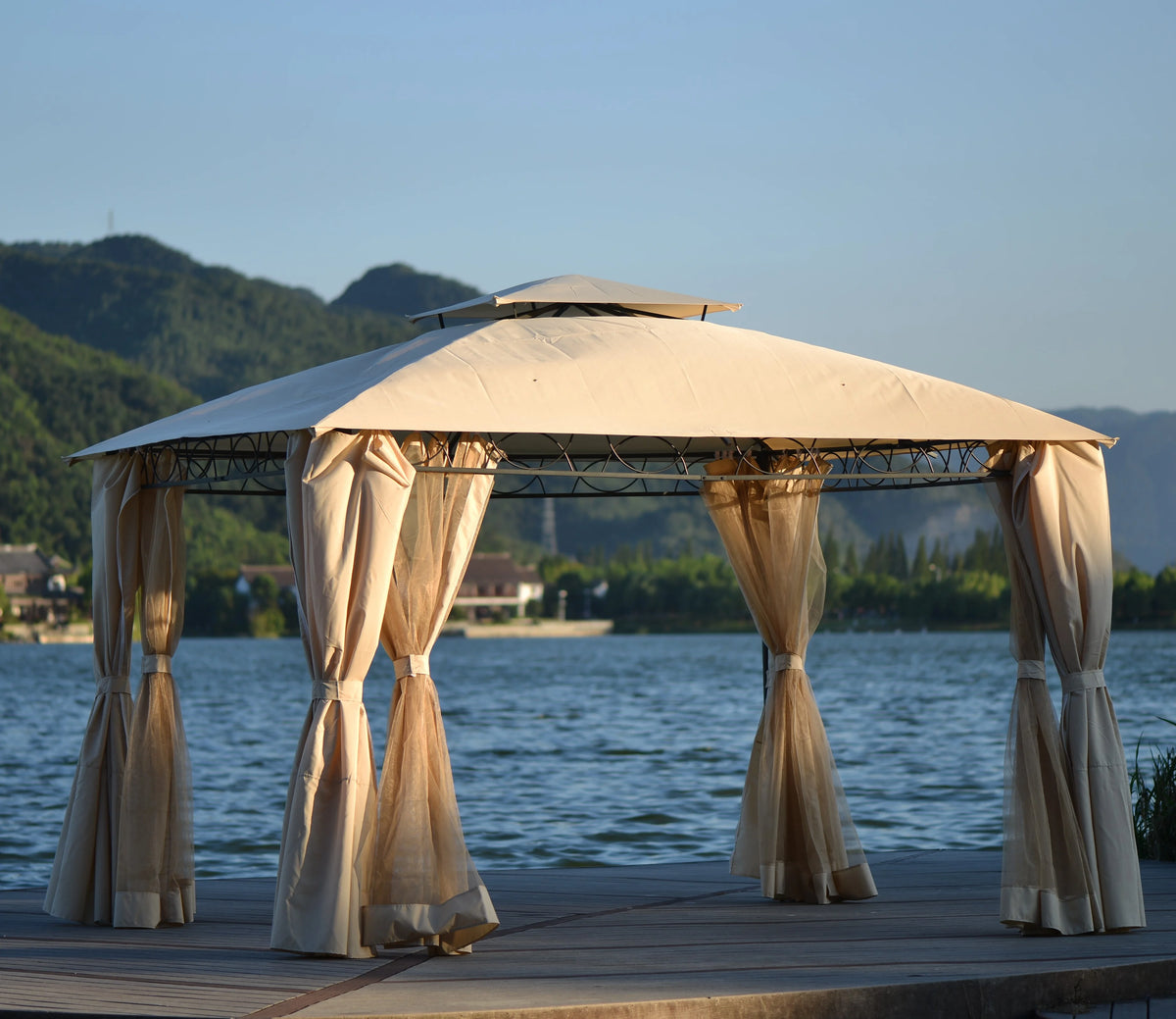 Beige Double Tiered Outdoor Patio Gazebo with UV Protection M124