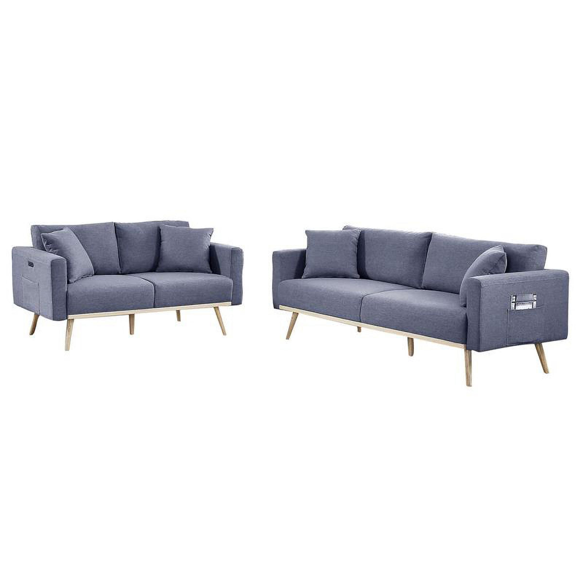 Dark Gray Linen Fabric Sofa Loveseat Set with USB Ports X934504