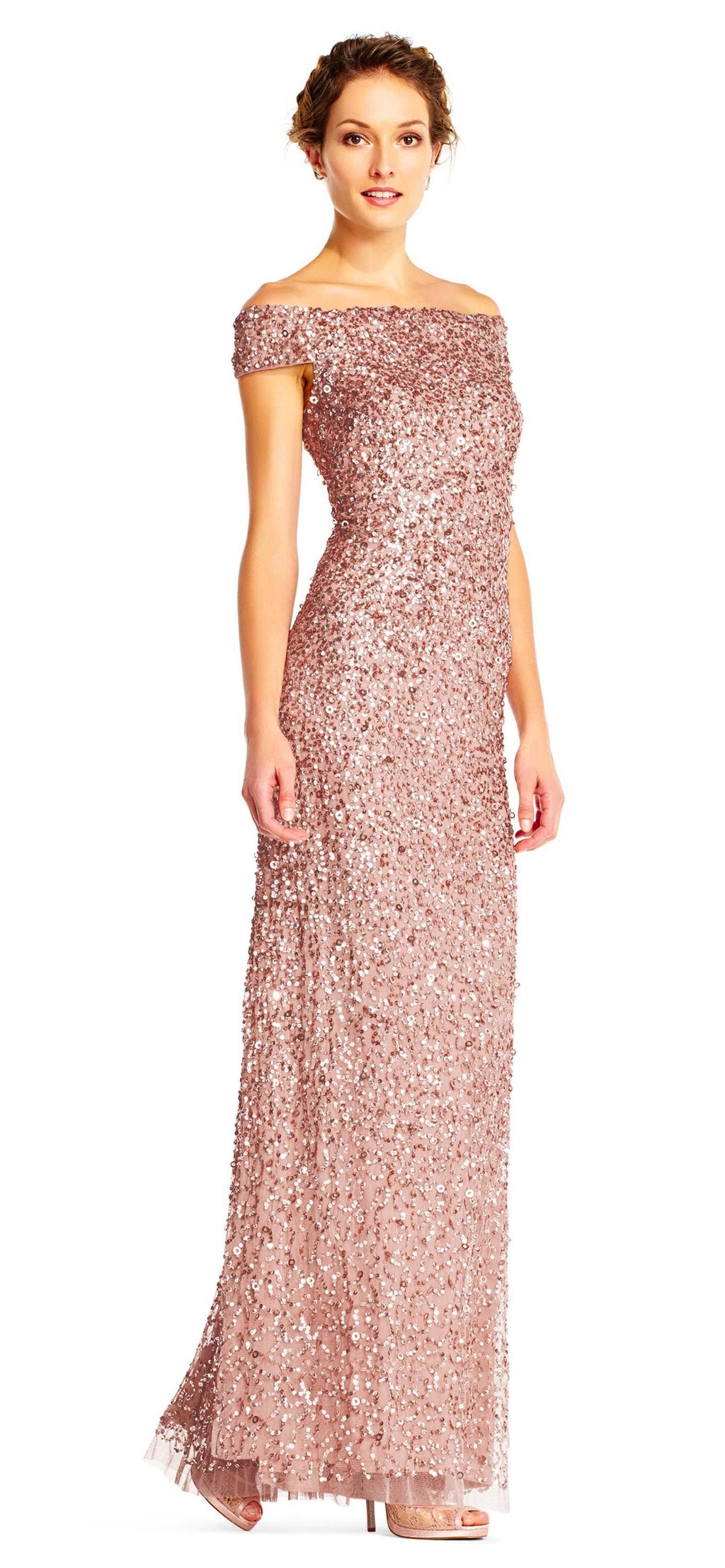 Pink Off The Shoulder Sequin Beaded Gown M4741