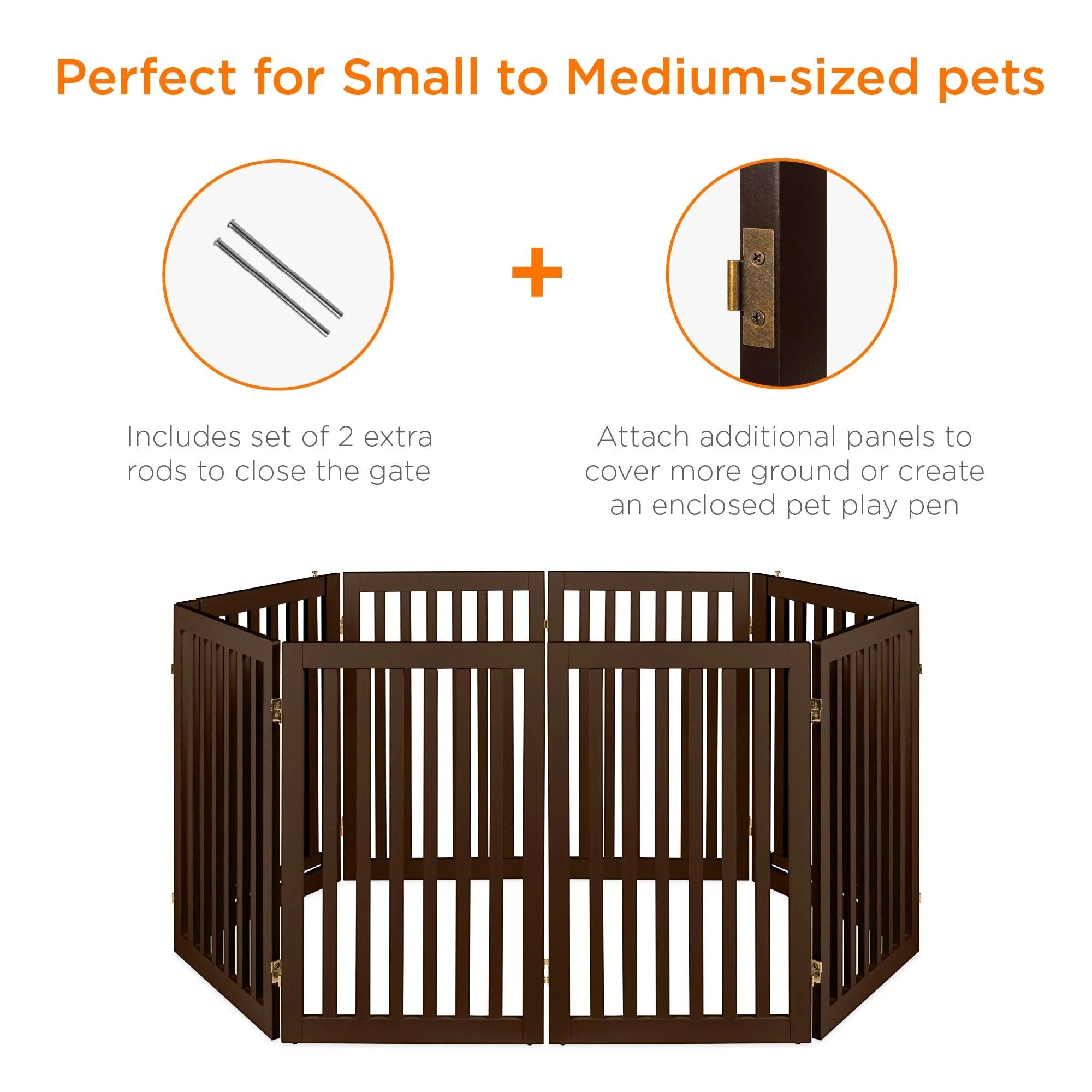 Espresso 4-Panel Freestanding Wooden Pet Gate with Walk Through Door V143300
