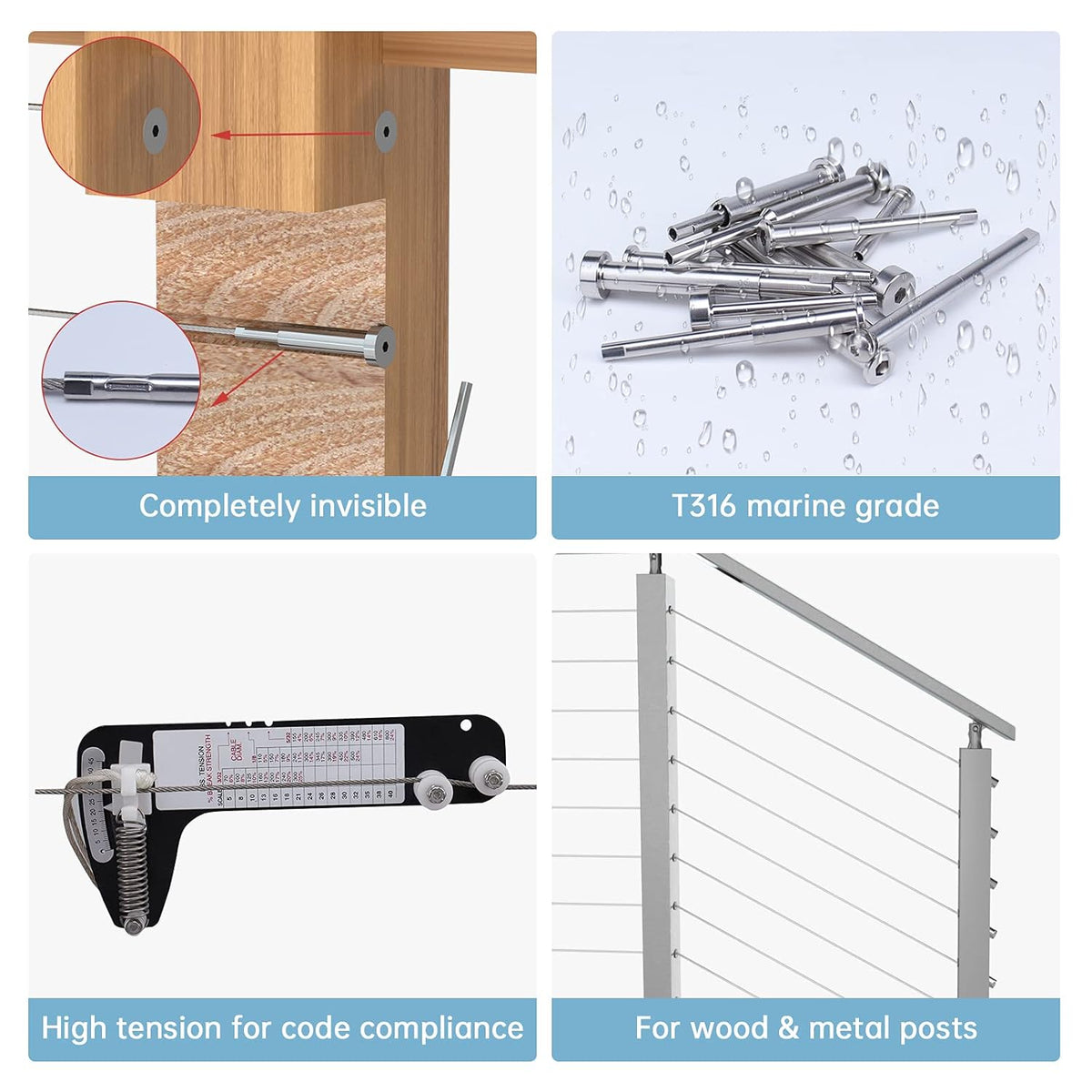10Pair Invisible Cable Railing Kit T316 Stainless Steel U73606