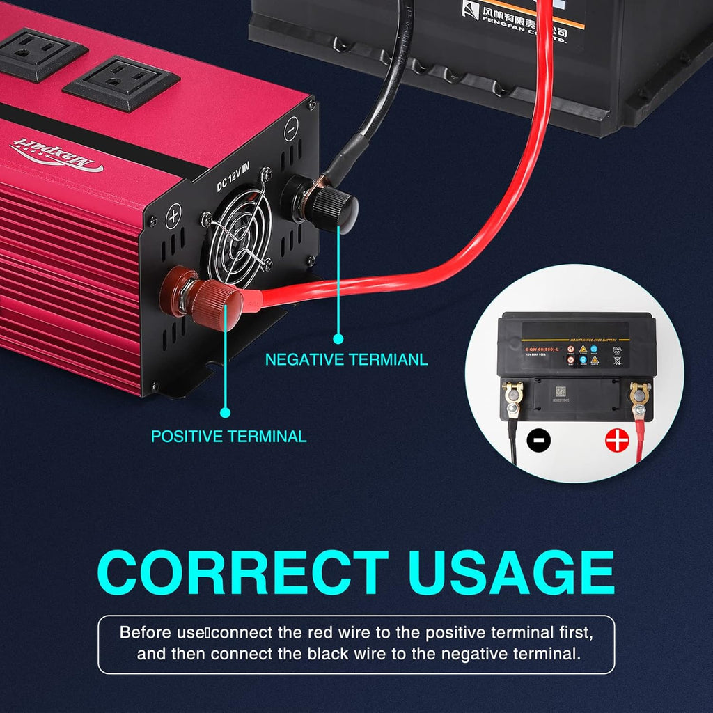 2000W Power Inverter 12v to 110v AC to DC Converter with 3 AC Outlets Dual USB Charging Ports M6316