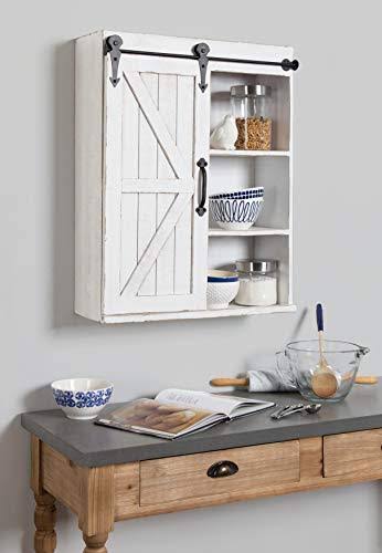 Rustic White Wood Wall Storage Cabinet with Sliding Barn Door P344