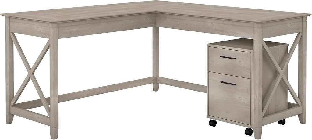 60W L Shaped Desk with 2 Drawer Mobile File Cabinet, Pure White Oak W178536