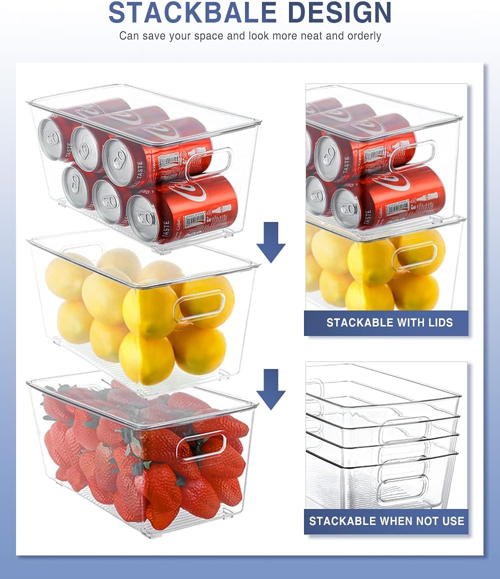 8 Pack Large Clear Fridge Organizer Bins with Lids and Handles E3603