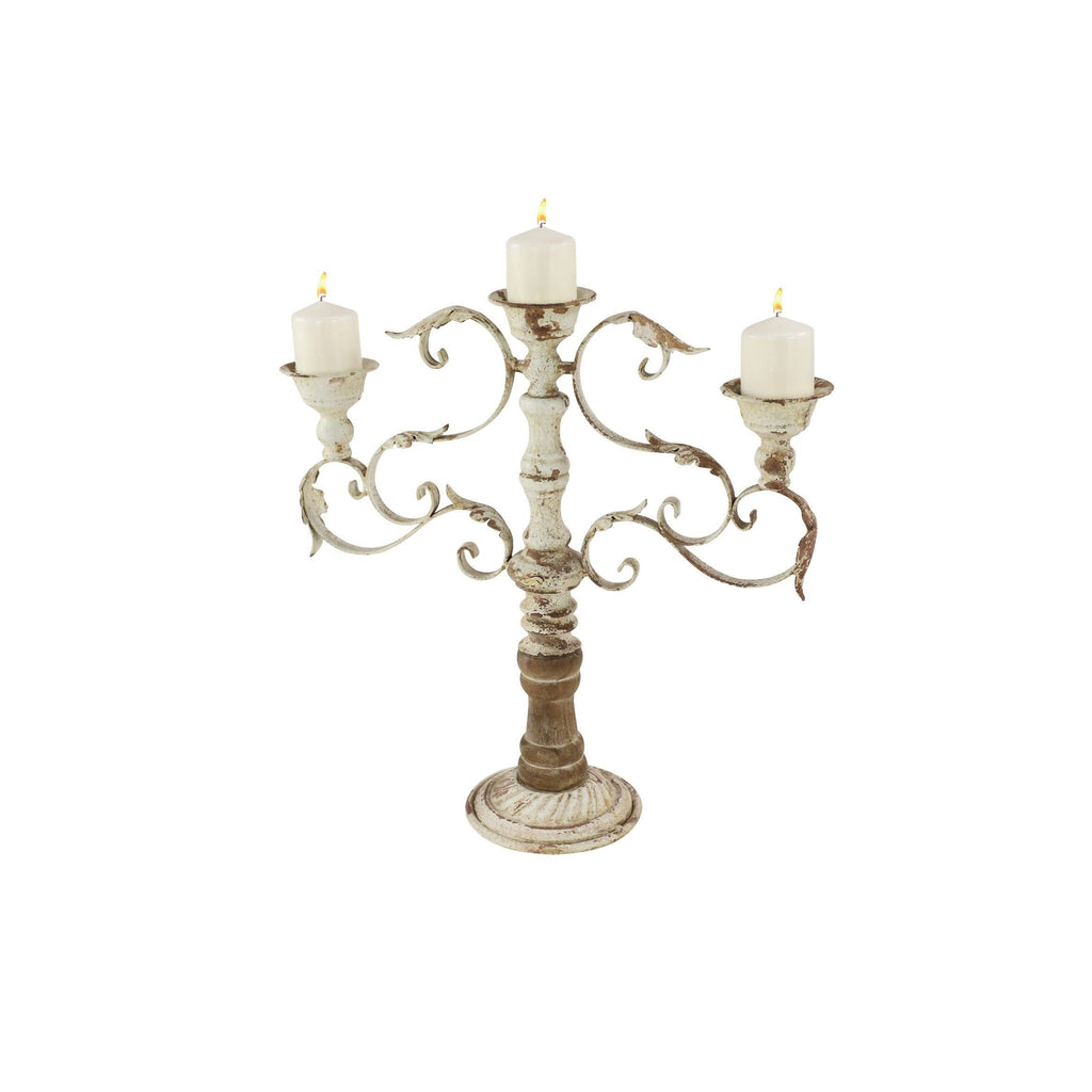 White Metal and Wood Candelabra with 3 Candle Holder R889