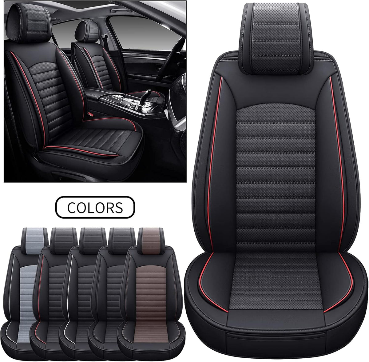 Black-Red Waterproof Leather Car Seat Covers, 5 Sets Full Seat E540588