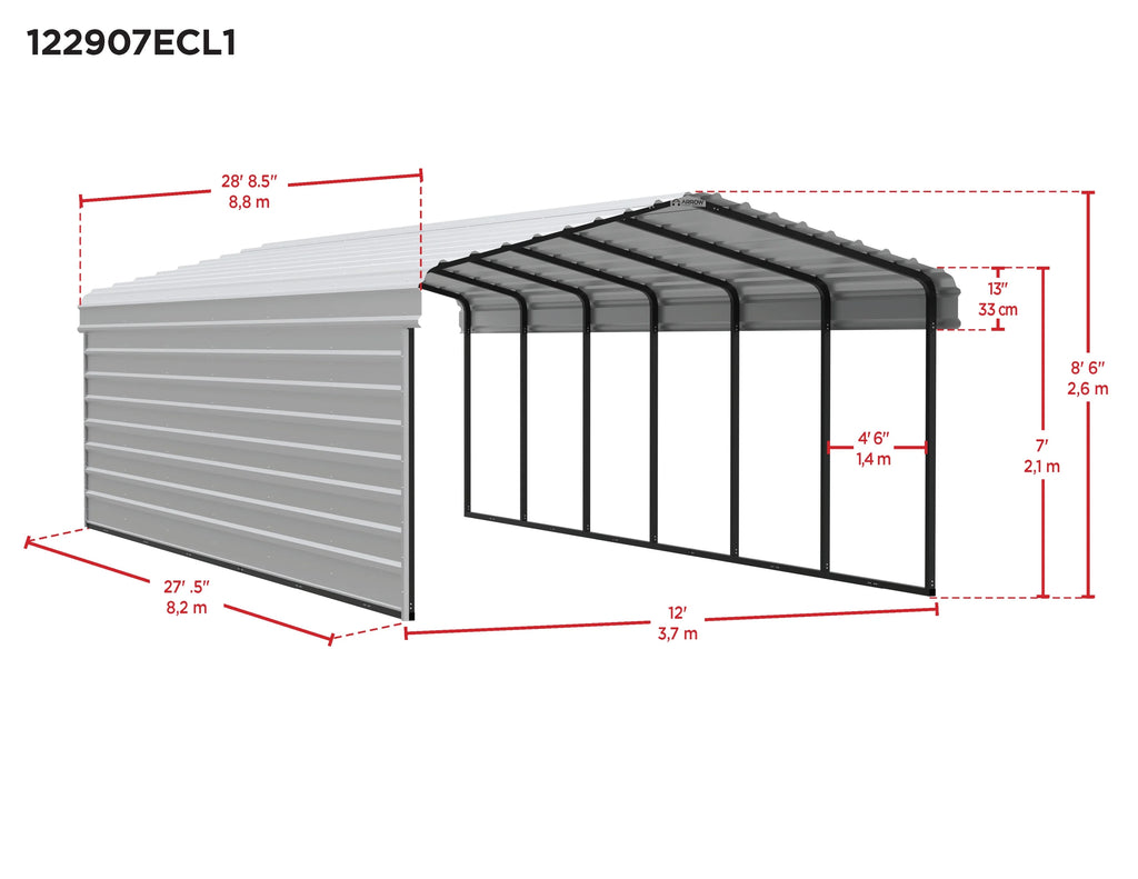 Galvanized Steel Carport Kit, 12' x 29' x 7', Charcoal T73659