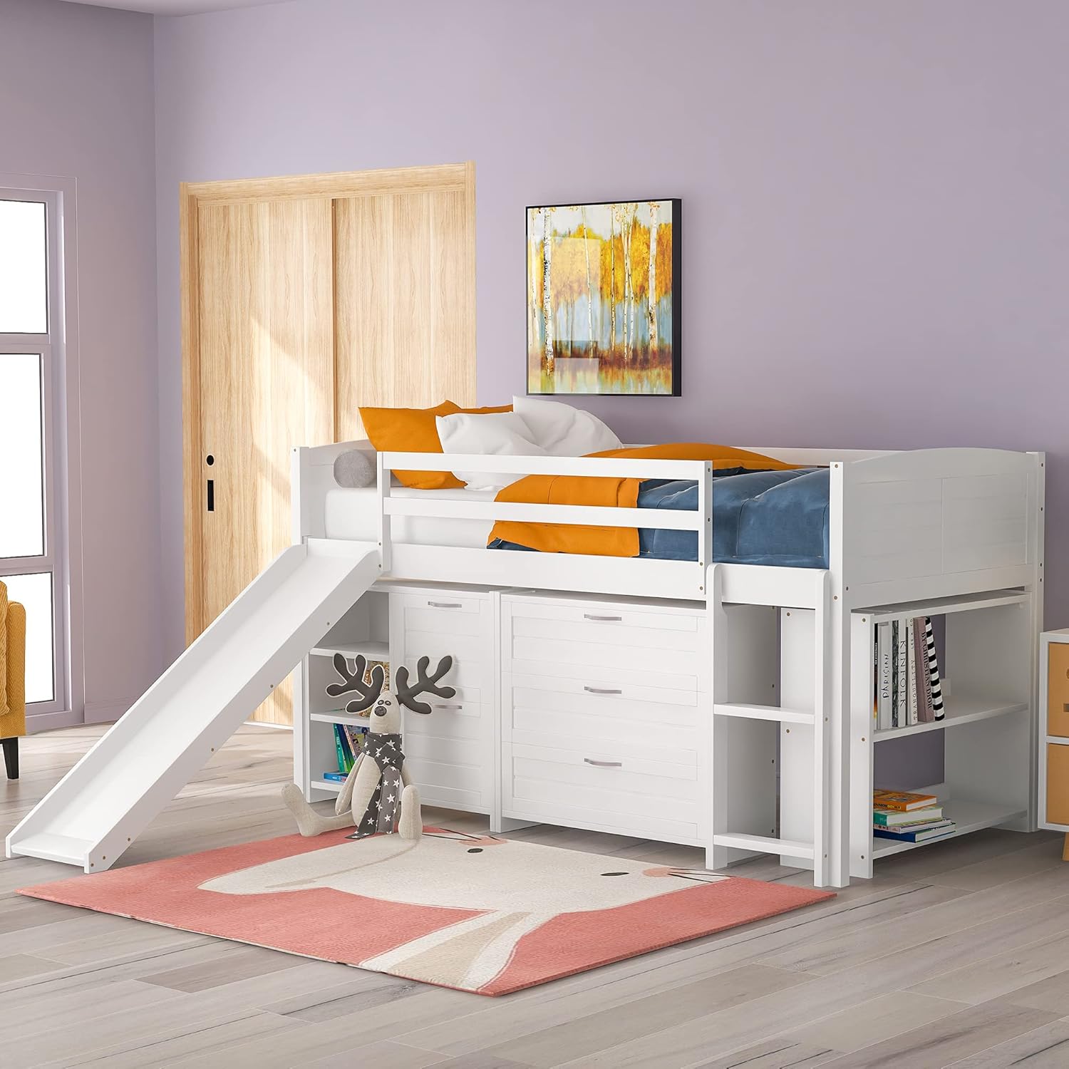 Grey Twin Loft Bed with Two Cabinets, Five Storage Drawers, Five Shelves, Ladder and Guardrail Z2249