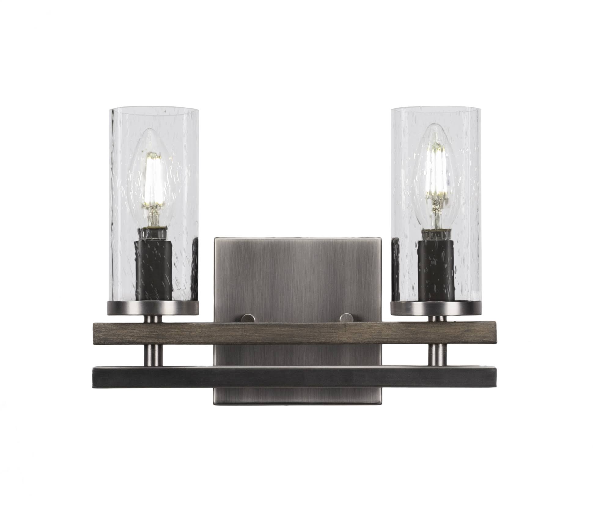 2 Light Graphite-Distressed Wood Bath Bar with Clear Bubble Glass V74229