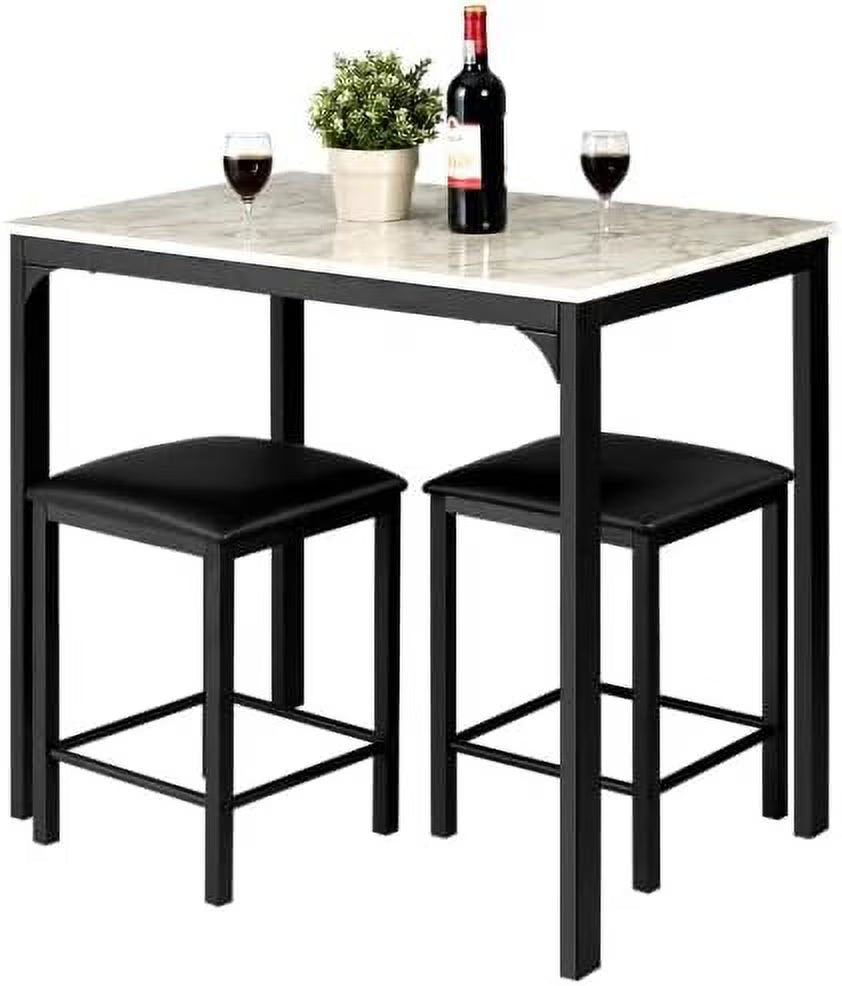 Black 3 Pieces Dining Table Set with Faux Marble Tabletop and PU Leather Stools C9628